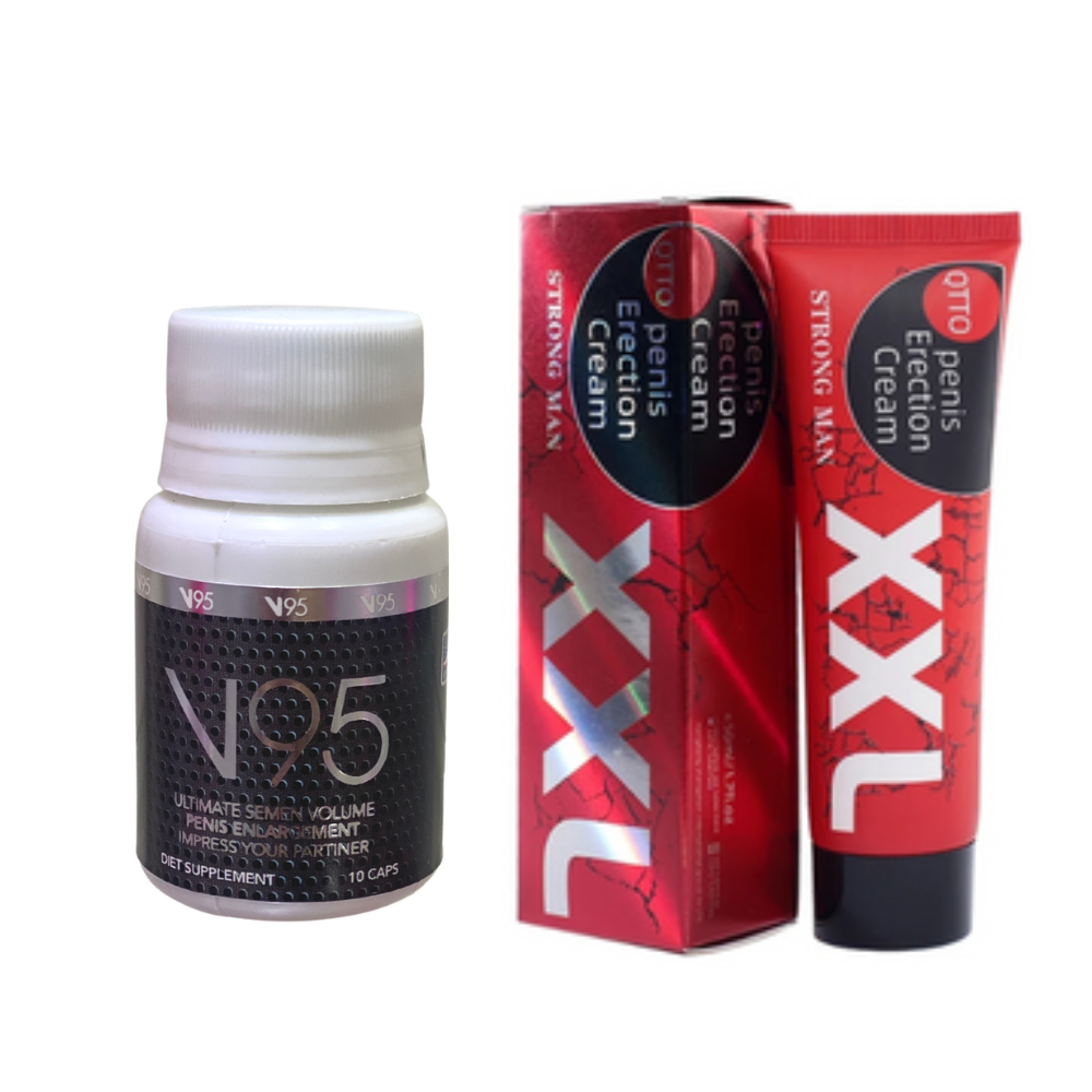 Pack de V95 Men 10 Cápsulas y XXL Erection Cream para mejorar el rendimiento sexual.
