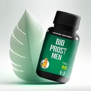 Afiche de Bio Prost Men con frasco inclinado y hoja natural de fondo