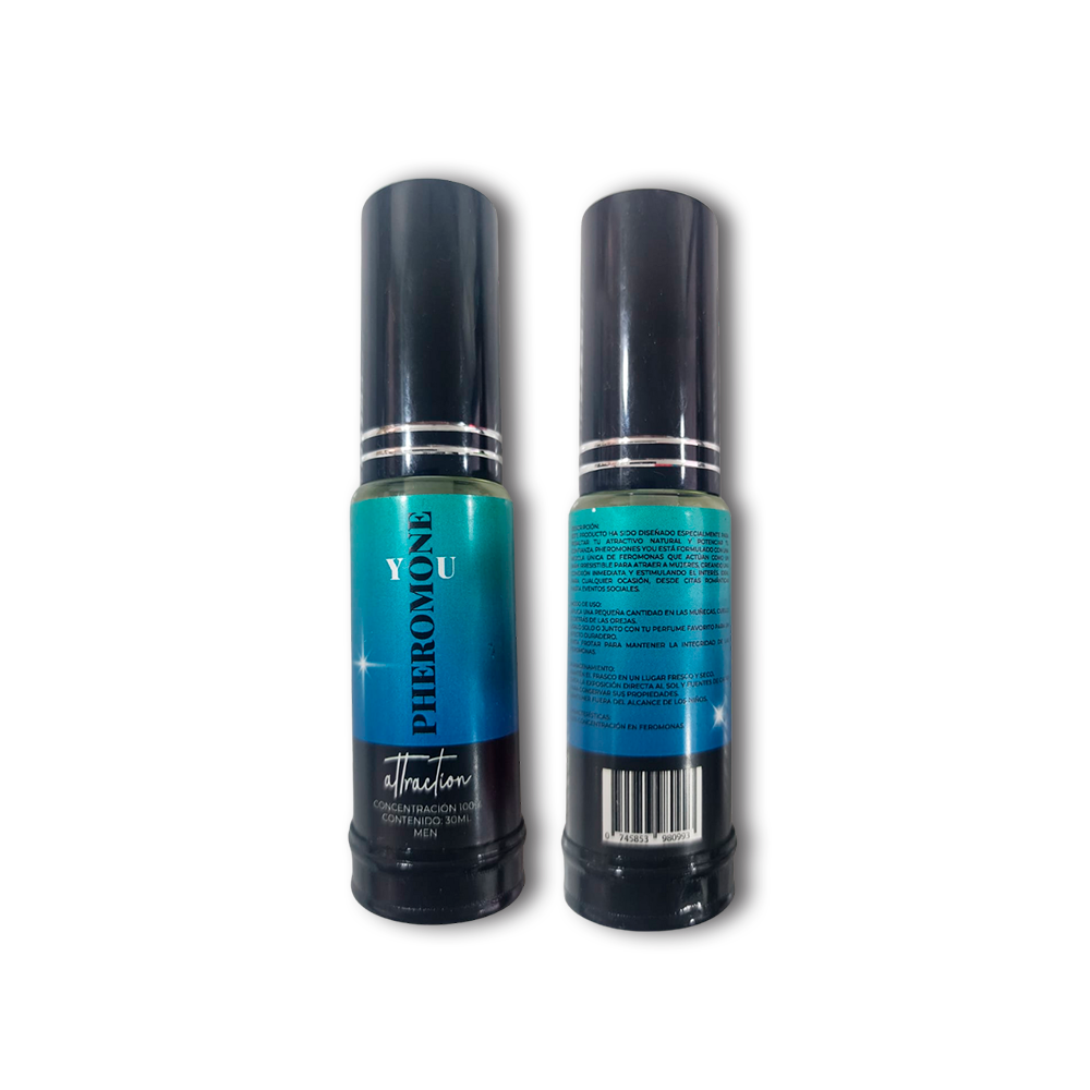 Vista frontal y trasera del perfume Pheromone YOU Attraction - Para Hombre en presentación de 30ml.