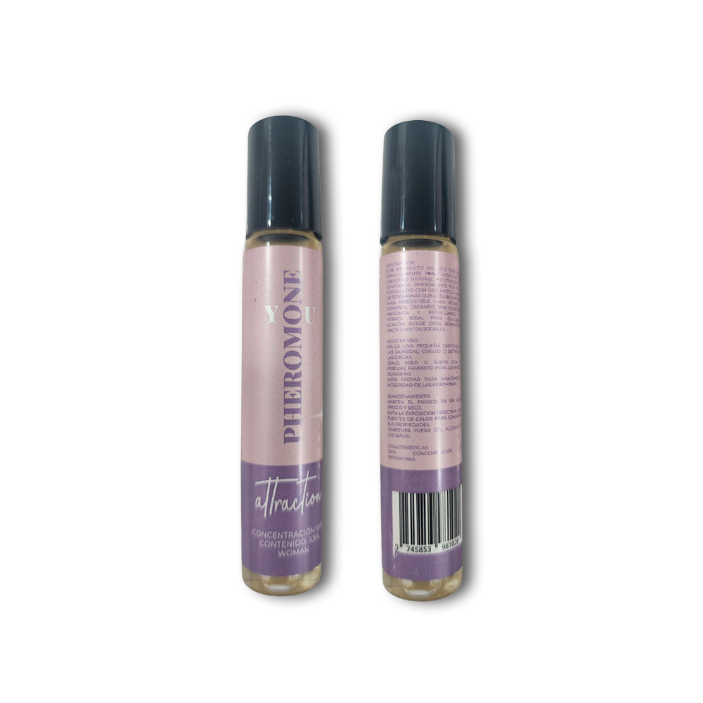 Vista frontal y trasera del perfume Pheromone YOU Attraction - Para Mujer en presentación de 10ml.