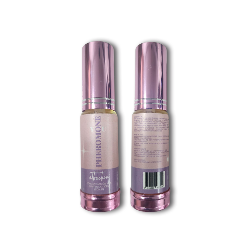 Vista frontal y trasera del perfume Pheromone YOU Attraction - Para Mujer en presentación de 30ml.