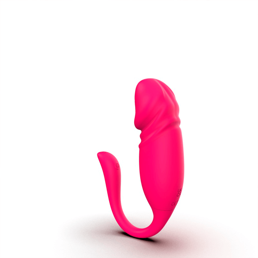 Vibrador doble con app en posición vertical y base firme