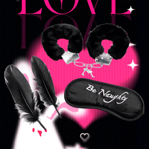 Kit erótico negro con fondo de corazones y luces sensuales