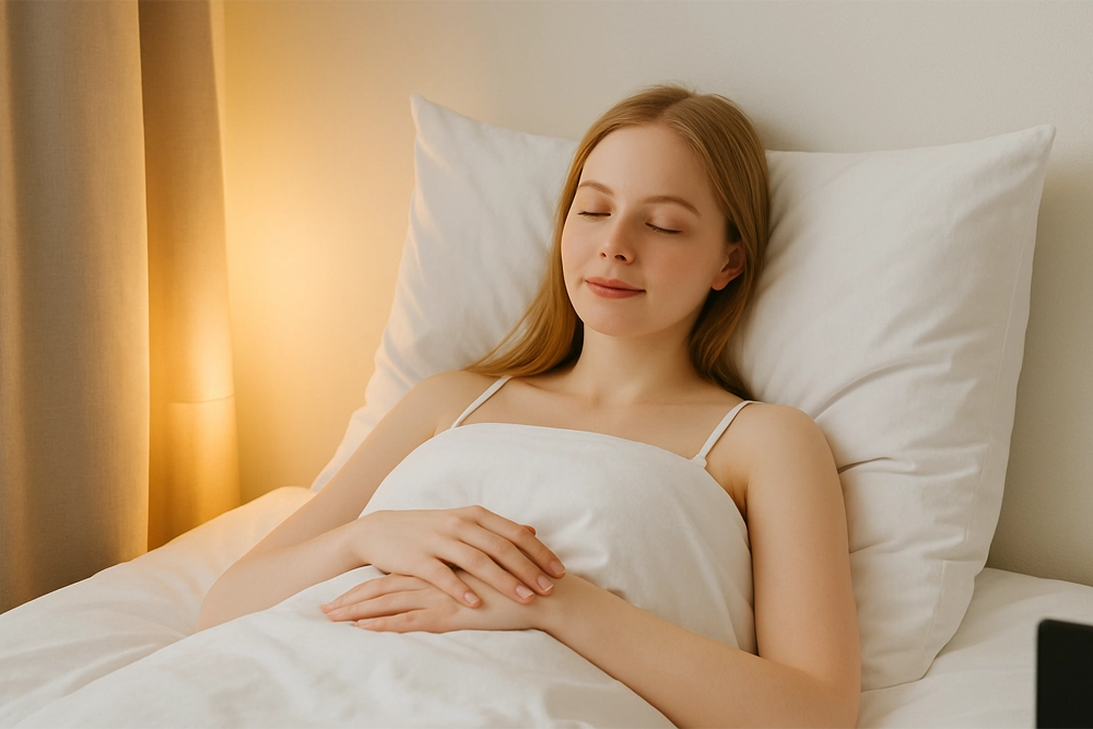 Mujer de piel clara recostada tranquila en su cama, en un ambiente íntimo y relajado, lista para un momento de exploración personal