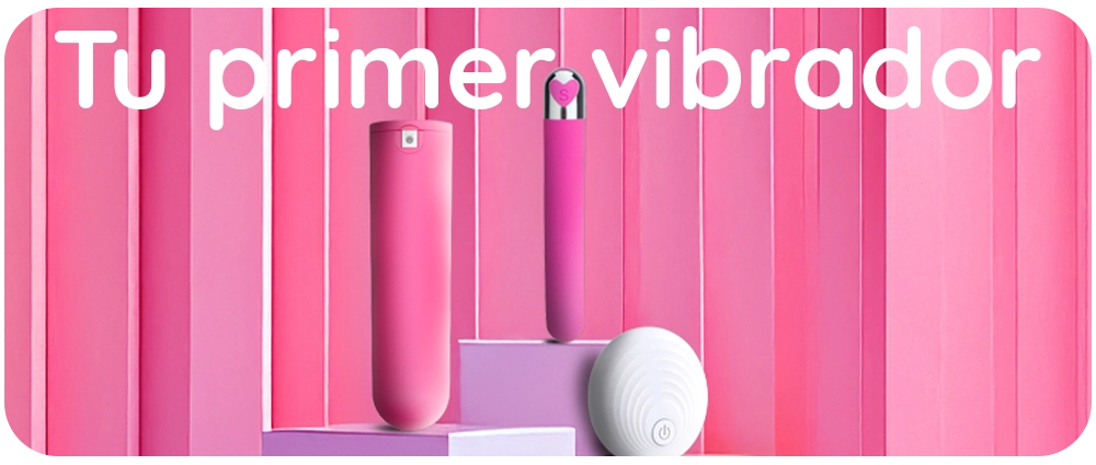 Tres vibradores de distintos tamaños sobre fondo rosado con el texto “Tu primer vibrador” – imagen para blog JenyLove.
