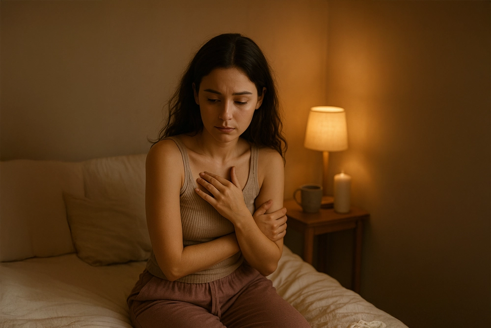 Mujer sentada sola en su cama con expresión pensativa y vulnerable, en un ambiente íntimo, cálido y seguro