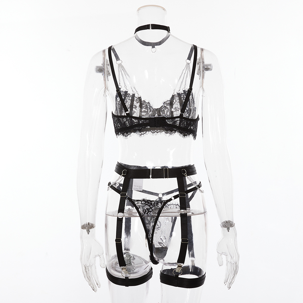 Conjunto de Lencería Negra con Cadenas y Arnés – Tallas M y L