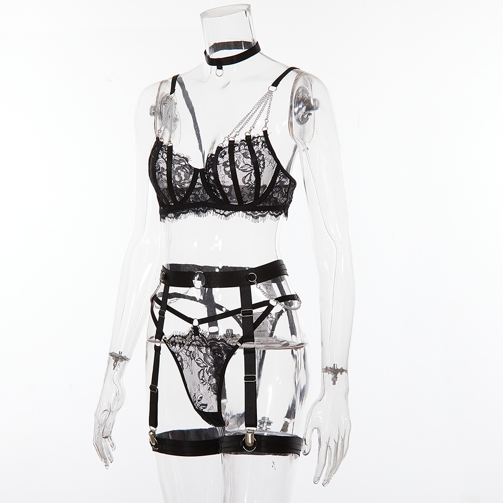 Conjunto de Lencería Negra con Cadenas y Arnés – Tallas M y L