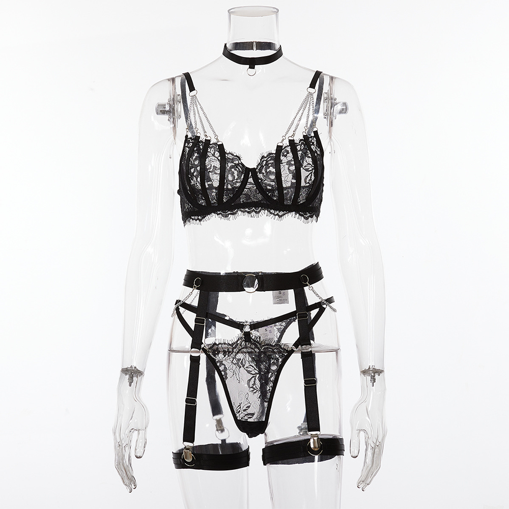 Conjunto de Lencería Negra con Cadenas y Arnés – Tallas M y L